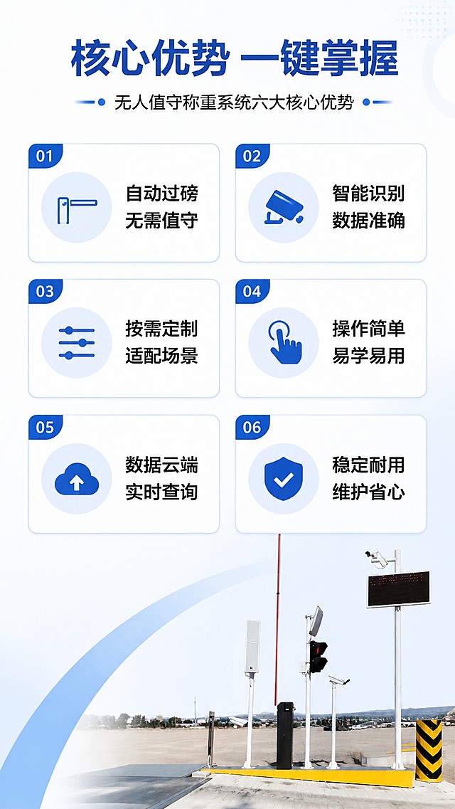 [第3屏] 核心卖点总览-无人值守称重系统六大核心优势。本屏使用【图2】作为辅助展示。
[氛围/风格] 现代科技卡片风格，白底浅蓝装饰，清晰信息呈现。
[元素布局] 顶部大标题，中部六个卖点卡片分两栏三行排列，右下角放置产品局部图点缀。卡片清晰分隔，每个卡片配一个功能图标。
[光影质感] 均匀明亮光影，卡片有轻微投影增加层次感，文字清晰可见。
[配色色系] 全局底色 #FFFFFF；主色深蓝色标题，黑色正文，浅蓝色卡片边框。
[视角构图] 从上到下排版，信息分区清晰，阅读流畅。
[文字版式] 顶部主标题「核心优势 一键掌握」，六个卖点分别是：1.自动过磅无需值守，2.智能识别数据准确，3.按需定制适配场景，4.操作简单易学易用，5.数据云端实时查询，6.稳定耐用维护省心。每个卖点图标+文字，字号适中，手机端清晰可读。
[比例分辨率] 9:16 竖版比例，4K分辨率，文字清晰可辨，高清画质。
[负向提示词] 卡片变形，文字重叠，文字错乱，水印，背景杂乱。