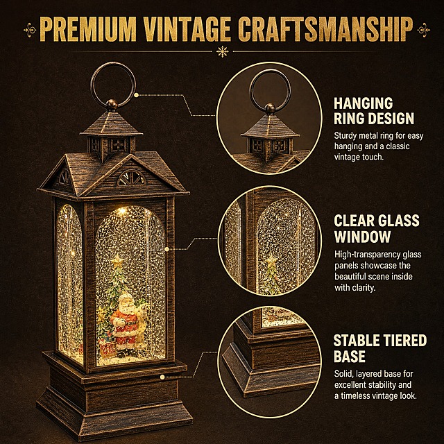 [主图-4] Christmas Snow Globe Lantern Set of 3，材质工艺与细节特写信息图，突出复古做旧质感与精致做工。
[统一基调] 跨境电商信息图风格，深暖棕+圣诞红+金色点缀主色系，英文无衬线粗体标题字，浅米色辅助字。
[画面] 画面左侧为一款风灯的45度完整主体，右侧分布3个圆形局部放大细节窗：①顶部挂环与屋顶结构特写（展示金属做旧纹理与小窗镂空设计）；②拱形玻璃边缘特写（展示玻璃通透度与边框精细工艺）；③底座阶梯结构特写（展示分层底座的木纹质感与稳定性）；每个细节窗配有引线指向产品对应部位；背景为深棕色带细微颗粒质感。
[光影质感] 商业产品摄影质感，侧光突出金属纹理与玻璃质感，细节放大窗内材质清晰可辨；木纹肌理、金属做旧颗粒、玻璃边缘打磨均真实呈现；暖光从内部透出，增强立体感。
[配色] 深暖棕背景，金色强调色，米白色文字，产品本身古铜棕与暖黄色。
[文字版式] 顶部大标题："Premium Vintage Craftsmanship"；3个细节窗下方分别标注："Hanging Ring Design"、"Clear Glass Window"、"Stable Tiered Base"；标题金色粗体，说明文字米白色小号无衬线体。
[输出要求] 1:1正方形，2048x2048，产品清晰，细节锐利，文字可读，无变形，无水印，无平台Logo。