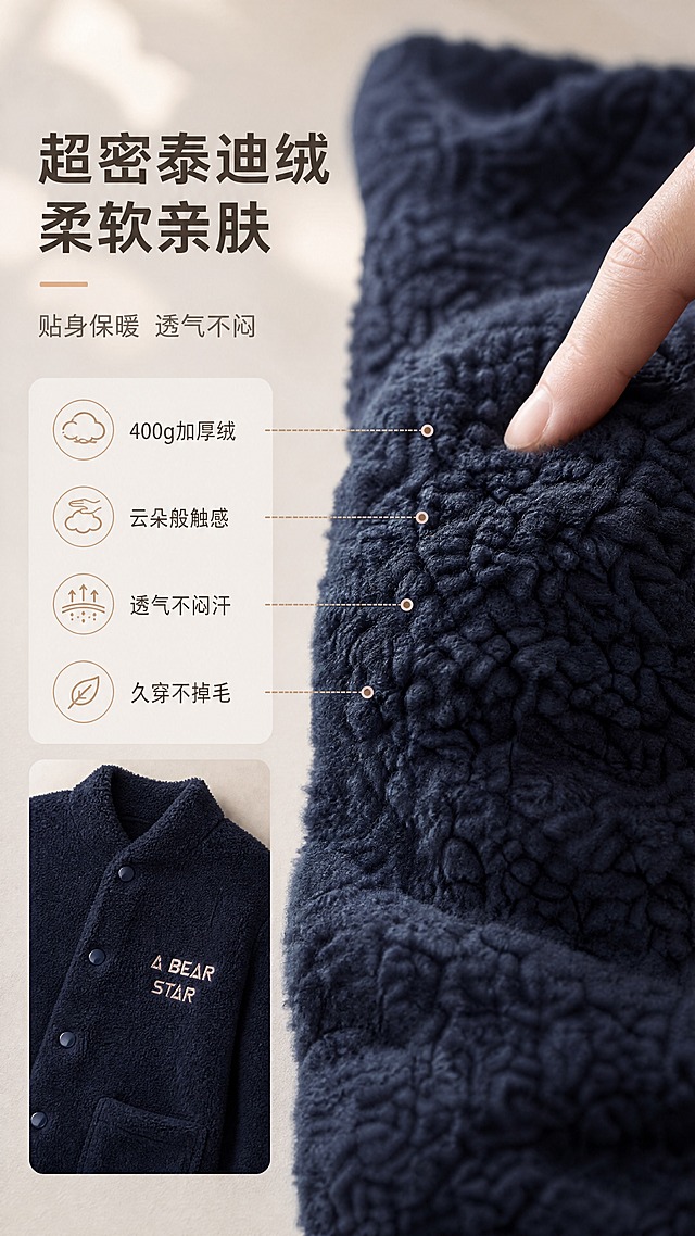 [商品] 使用【图1】黑藏青色小泰迪绒立领家居男衫；保留立领、开襟按扣、胸前刺绣“A BEAR STAR”字样、双侧口袋、泰迪绒材质与藏青色；自然去皱，增强绒面蓬松感与纤维纹理清晰度，不改变版型结构。
[画面] 页面目标：面料质感解析，突出柔软透气亲肤。左文右图构图，右侧为面料微距特写，手指轻触绒面展示柔软触感，绒毛细密蓬松可见；左侧文字区搭配小面积衣身局部图；产品面料细节占画面约65%，背景为浅暖灰哑光台面与柔和光斑。
[视觉] 套系策略：风格=温馨柔和、简约高级商业摄影；标题字=现代无衬线粗体；正文字=简洁无衬线体；主色=藏青暖灰；背景延展=基于藏青暖灰做深浅层级、同色渐变和细腻织物/哑光墙面质感；强调色=奶茶棕，仅用于小面积图标、引线和标签；标题色=深暖灰；正文色=中暖灰；组件=圆角浅底信息卡、细线引线；光影=左前侧暖柔光，柔和自然阴影。
[文字] 左上主标题“超密泰迪绒 柔软亲肤”，副标题“贴身保暖 透气不闷”，下方4个卖点“400g加厚绒”“云朵般触感”“透气不闷汗”“久穿不掉毛”，文字横排，配细线引线指向面料关键区域。
[规格] 图片比例9:16竖版，4K分辨率，避免变形、错字、文字过小、冷蓝/蓝灰背景、面料质感失真、绝对化用语。