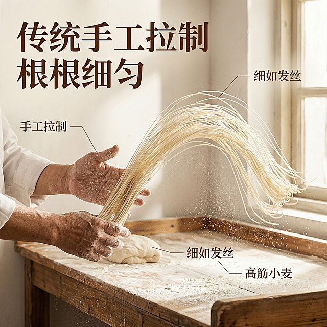 [主图 2 核心卖点与工艺] 麦盏手工龙须面工艺展示主图，传统国风风格，面点师傅双手正在手工拉制龙须面，面团被拉成细如发丝的面条，轻扬在空中，动态瞬间，背景是干净的传统木质操作台面，撒上少许面粉，暖调自然光。左上角大标题 "传统手工拉制 根根细匀"，用纤细引线分别标注 "手工拉制"、"高筋小麦"、"细如发丝"，深棕色复古宋体，文字悬浮不遮挡主体动作，整体风格色调和第一张保持统一。