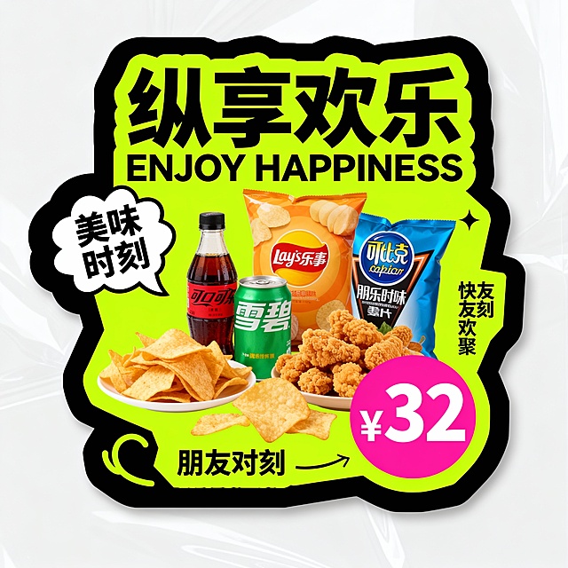 中间有零食饮料。荧光绿,主标题“纵享欢乐”，辅以英文“ENJOY HAPPINESS”；左侧气泡文案“美味时刻”，右下角粉色圆形价格“¥32”，小字“快乐时刻 朋友欢聚”。