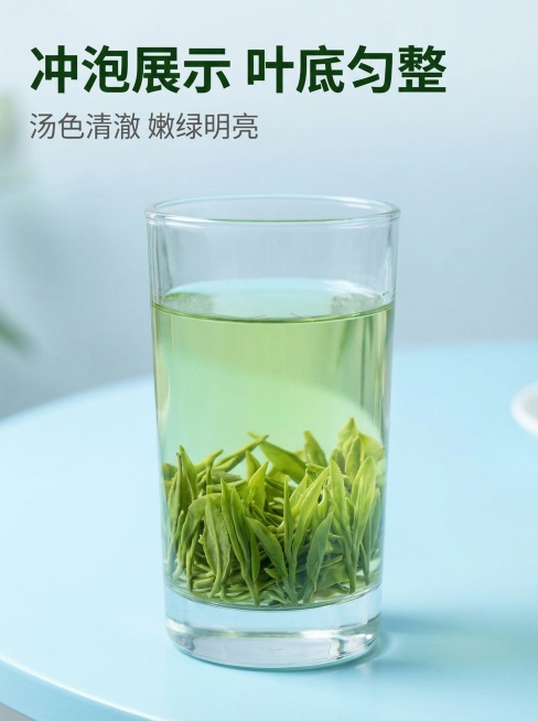 [主图 3] 绿茶冲泡细节展示，氛围清新自然生机。画面元素：玻璃杯中的绿茶居中展示，茶汤清澈嫩绿，茶叶舒展立于杯底，背景为干净浅蓝桌面，保留原有玻璃杯和茶叶形态。突出茶叶冲泡后的鲜灵嫩匀状态。配色色系预览效果