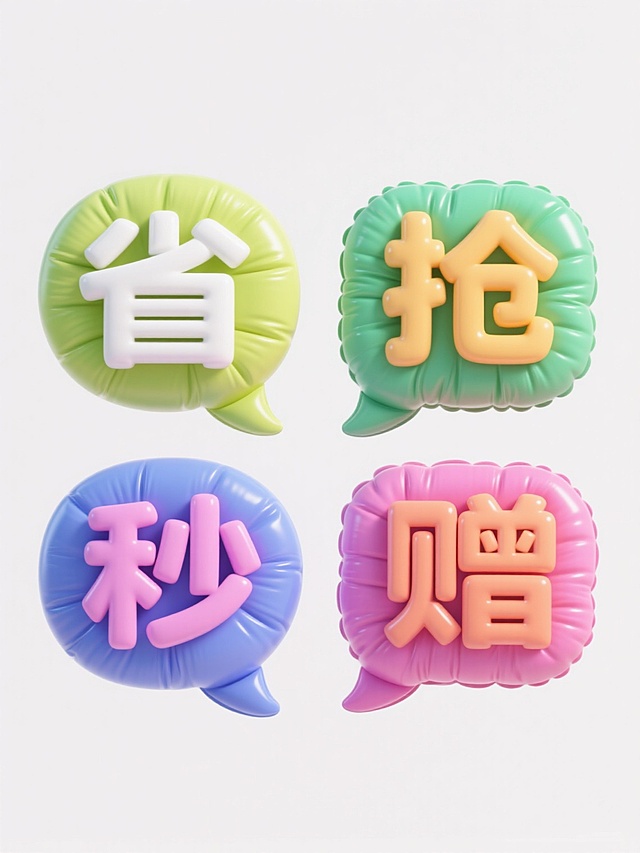 3D立体风格，一组4个不同配色规整排布的素材，膨胀效果的艺术字，字体圆润饱满，材质光滑且有光泽，保留充气后的褶皱，呈现出充气后的立体感，纯白色背景，文案“省”、“抢”、“秒”、“赠”，每个文字都有独立的彩色充气对话框背景，光影柔和，高光表现明显，色彩鲜明和谐，视觉层级清晰，信息传达高效，具有促销活动宣传的设计感。