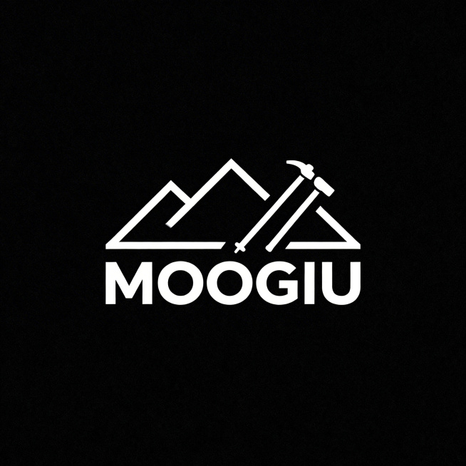 极简风格户外运动品牌logo，品牌名"MOOGIU"，以硬朗的无衬线字体为基础，融入山脉、攀岩绳或登山杖等户外元素，线条利落，几何感强，黑白配色，兼具力量感与探索精神，适配全场景应用预览效果