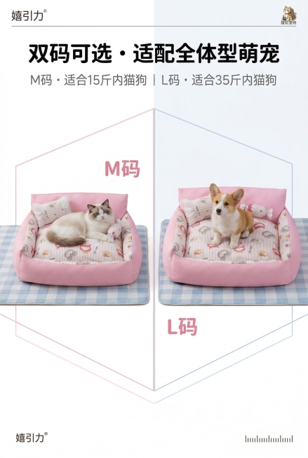 电商详情页第六屏，资深杂志风排版设计，画面高级有美感，整体风格统一无割裂感。核心展示嬉引力糖果窝M码与L码的尺寸对比，严格还原两款产品的所有细节，包括颜色、造型、设计元素，产品比例1:1，在场景中大小预览效果