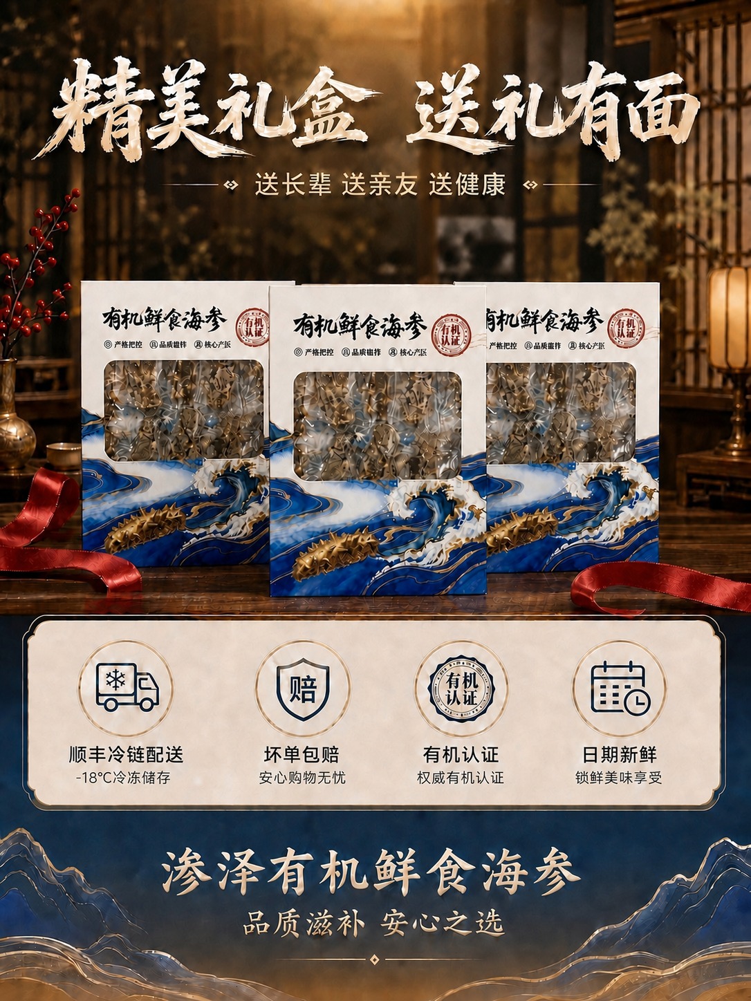 将三个礼盒包装上的小字全部替换为清晰锐利的黑色文字"严格把控… - 图片创意预览