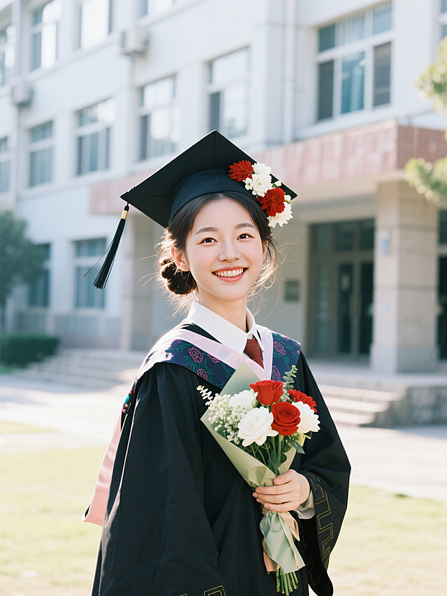 女生，毕业照，正面照，笑容灿烂，穿着学士服，戴着学士帽，手里拿着花束，阳光，背景是校园教学楼