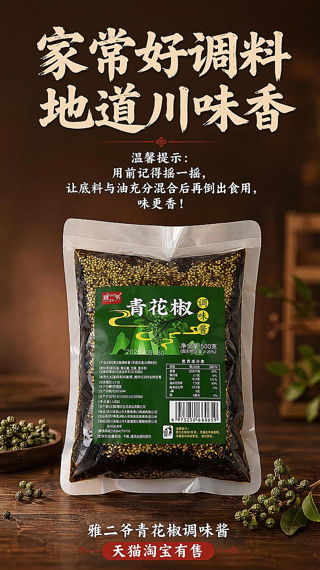 [第8屏] 温馨提示收尾-产品储存与使用提示。本屏使用【图1】作为产品主体。
[氛围/风格] 温馨收尾，简约家居氛围，亲和干净。
[元素布局] 产品包装袋放置在画面中下位置，占比约50%，产品上方大标题，下方为温馨提示文字，背景为渐变深棕色木质，周围点缀少量青花椒作为装饰，整体舒展不拥挤。包装结构颜色与原图一致。
[光影质感] 均匀柔和暖光，整体氛围舒适，产品清晰可见。
[配色色系] 全局底色 #5D4037；主色深棕色；辅助色绿色包装、红色点缀。
[视角构图] 居中构图，上标题中产品下提示，竖向阅读动线清晰。
[文字版式] 顶部主标题「家常好调料 地道川味香」，下方温馨提示："用前记得摇一摇，让底料与油充分混合后再倒出食用，味更香！"，底部标注「雅二爷青花椒调味酱 天猫淘宝有售」，书法感粗黑体，主标题大字号浅米色，提示文字小一号白色，排版整齐，文字清晰不遮挡产品主体。
[比例分辨率] 9:16 竖版比例，4K 分辨率，文字清晰可辨，高清画质。
[负向提示词] 产品变形，文字错乱，排版拥挤，文字过小，颜色偏差。