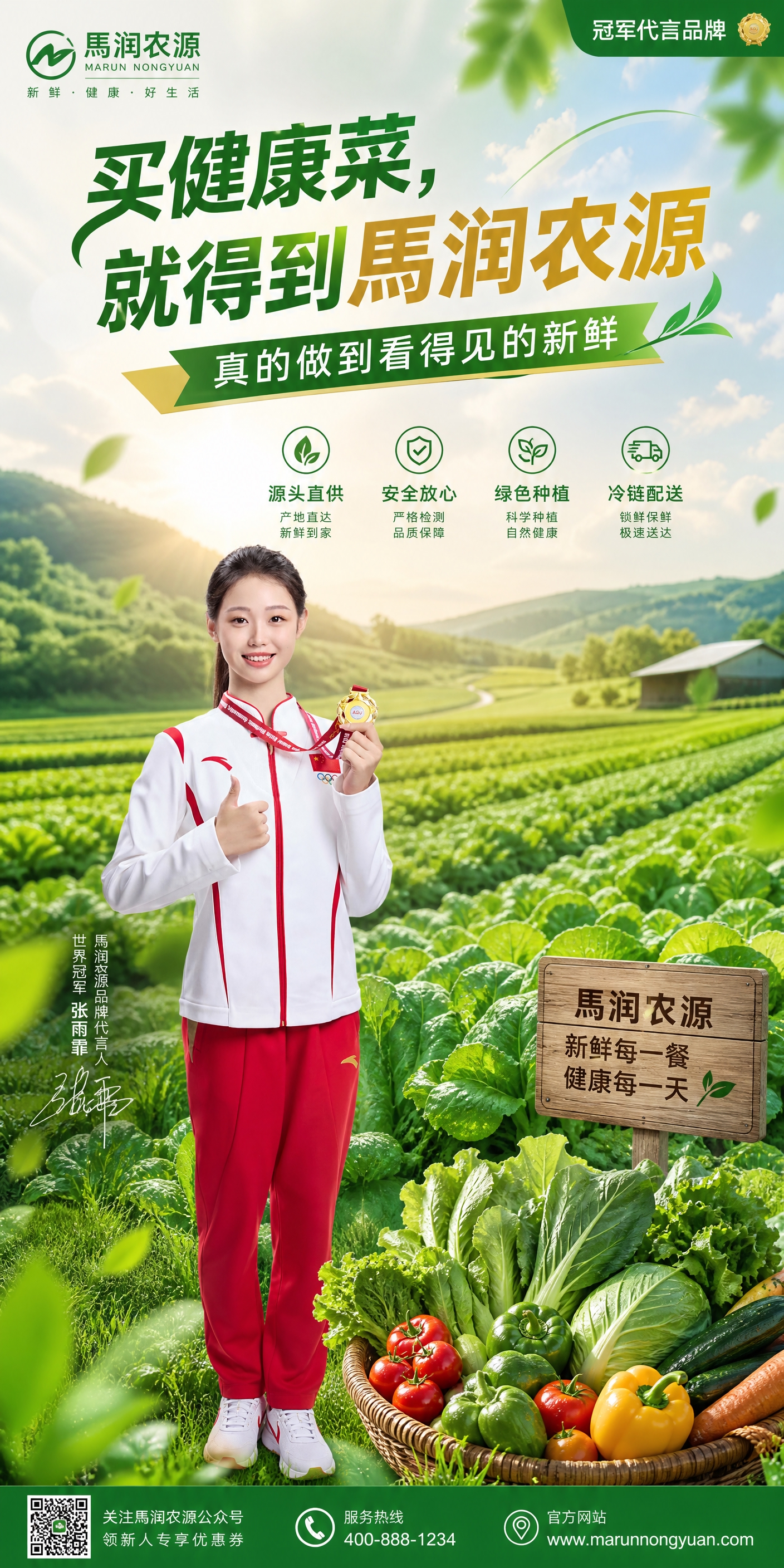 基于上传的冠军运动员人物照片，设计一张绿色食品品牌代言人竖版海… - 图片创意预览