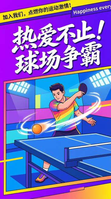 充满热血动感的竖版乒乓球赛事宣传海报，采用扁平化潮流插画风格，主色调为霓虹紫与活力蓝的撞色搭配，点缀明黄与粉橙渐变线条。画面中心是一位身着彩虹条纹运动服的男性运动员，正站在蓝色球桌前挥拍击球，橙色乒乓预览效果