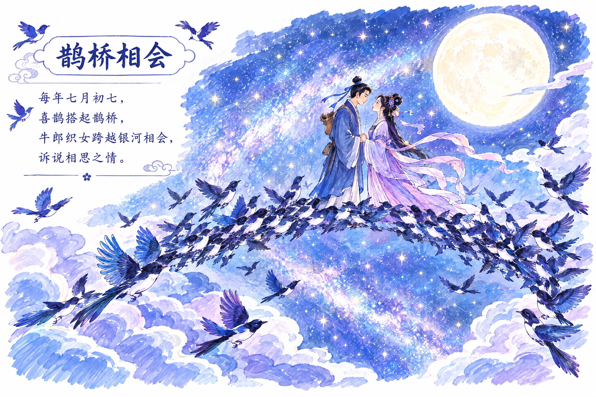马克笔手绘风格，白底手绘风，牛郎织女故事第四页——鹊桥相会。画… - 图片创意预览