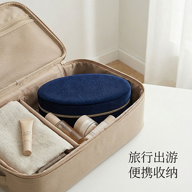 [主图8] 旅行场景展示，保持椭圆形款式不变，闭合的丝绒首饰收纳盒放在打开的行李箱隔层里，和旅行护肤品一起摆放，简约干净背景，文案 "旅行出游 便携收纳"，展示小巧随身特性，保持产品外观和参考图一致，简约唯美风格