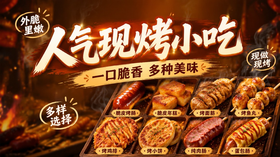 写实商业摄影风格美食海报，暖光烟火食欲氛围，画面中央放置主标题"人气现烤小吃"，副标题"一口脆香 多种美味"居中放在主标题下方，卖点"外脆里嫩""现做现烤""多样选择"分散在负空间作为文字标签，包含脆预览效果