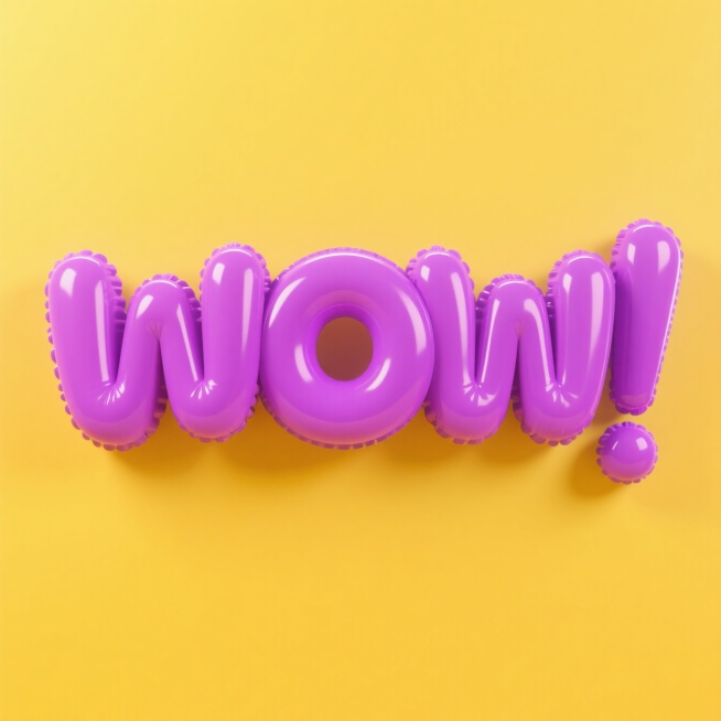 超级光滑的反光材质，紫色“wow”，黄色背景，元素和背景撞色，高纯度配色方案预览效果