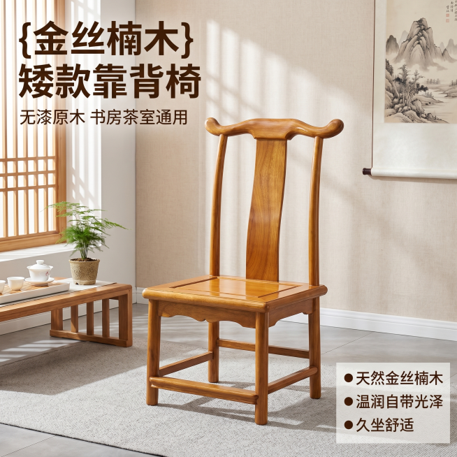 [主图 1] 金丝楠木矮款靠背椅新中式茶室场景首图
[氛围风格] 新中式雅致家居氛围，温馨居家生活感
[画质] 商业摄影质感，光线柔和通透，产品清晰真实，画面干净高级
[元素] 金丝楠木靠背椅放置在新预览效果