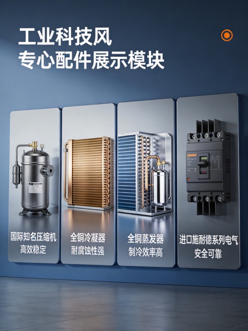 核心配件展示模块，工业科技风，专业沉稳，展示国际知名压缩机、全铜冷凝器、全铜蒸发器、进口施耐德系列电气，每个配件配图加文字说明，突出高品质，3:4比例预览效果