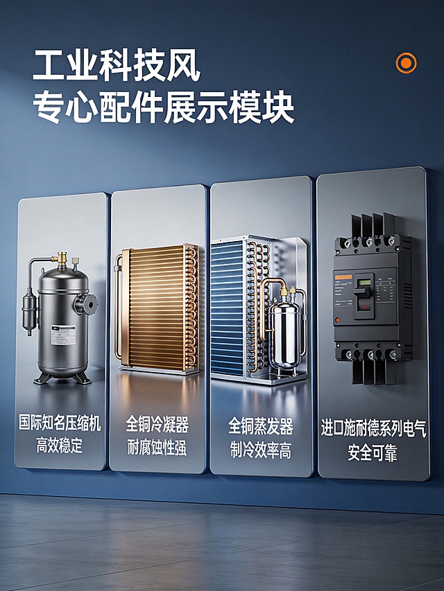 核心配件展示模块，工业科技风，专业沉稳，展示国际知名压缩机、全铜冷凝器、全铜蒸发器、进口施耐德系列电气，每个配件配图加文字说明，突出高品质，3:4比例