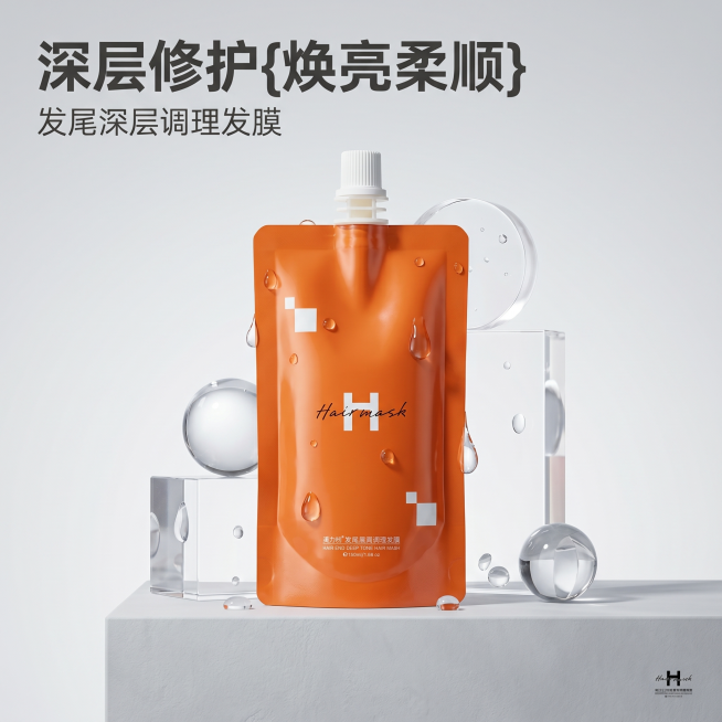 [主图 1] 滑力加发尾深层调理发膜品牌调性首图
[氛围风格] 纯净科技感，水润通透亮调
[画质] 商业摄影质感，光线柔和通透，产品清晰真实，画面干净高级，超写实3D渲染
[元素] 橙色袋装发膜居中展预览效果