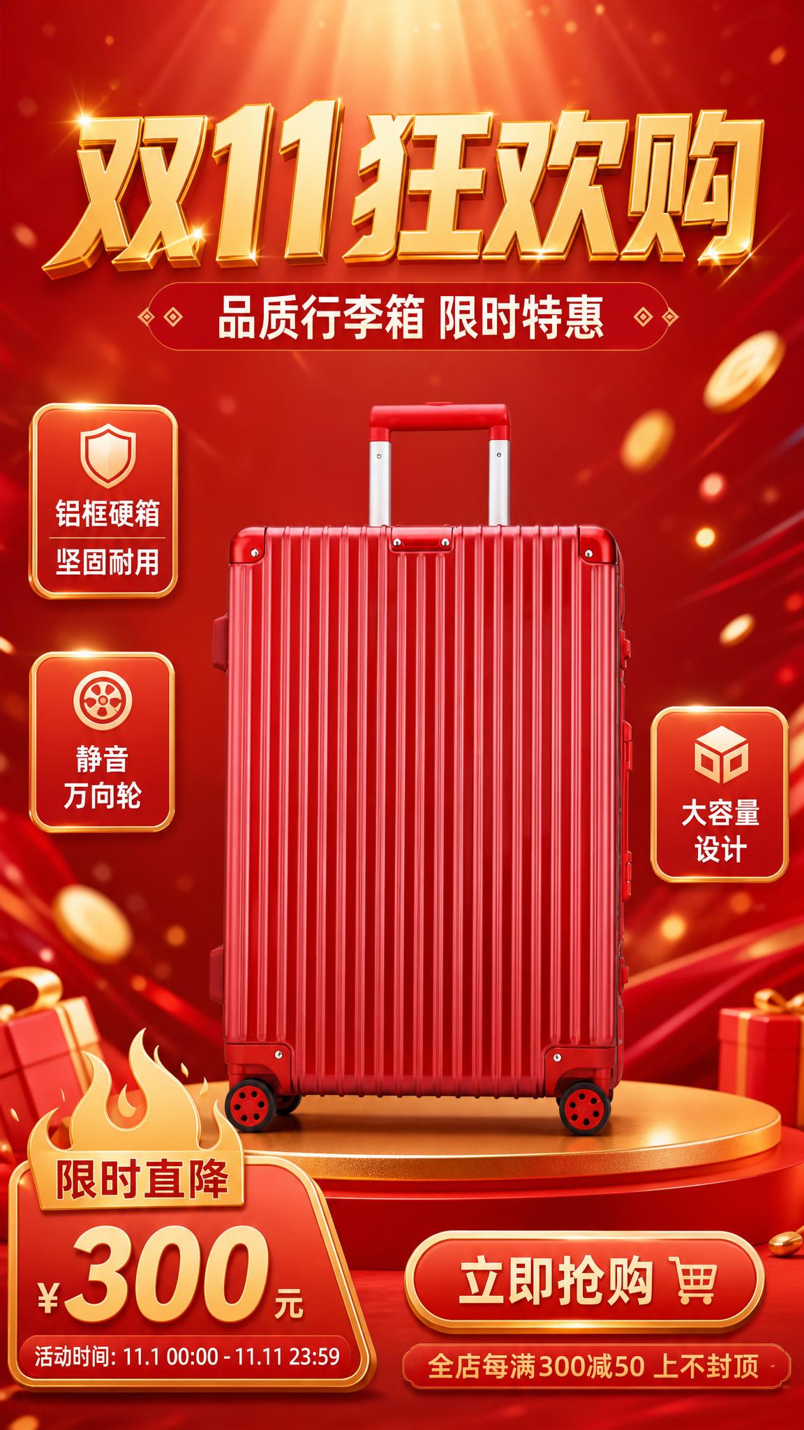 双11大促竖版海报，红色行李箱为画面主体，行李箱100%还原上… - 图片创意预览