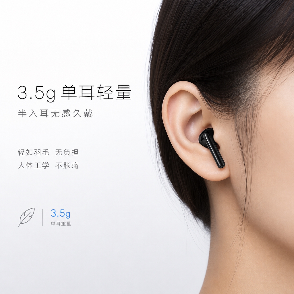 [主图-3] 产品证据：轻量佩戴，3.5g 单耳重量 + 半入… - 图片创意预览