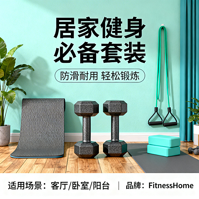 健身器材类运动商品海报，专业实用风格，以蓝色和薄荷绿为主色调，展示瑜伽垫、哑铃、弹力带等家用健身器材，搭配居家健身场景元素，突出防滑耐用的产品卖点，布局简洁清晰