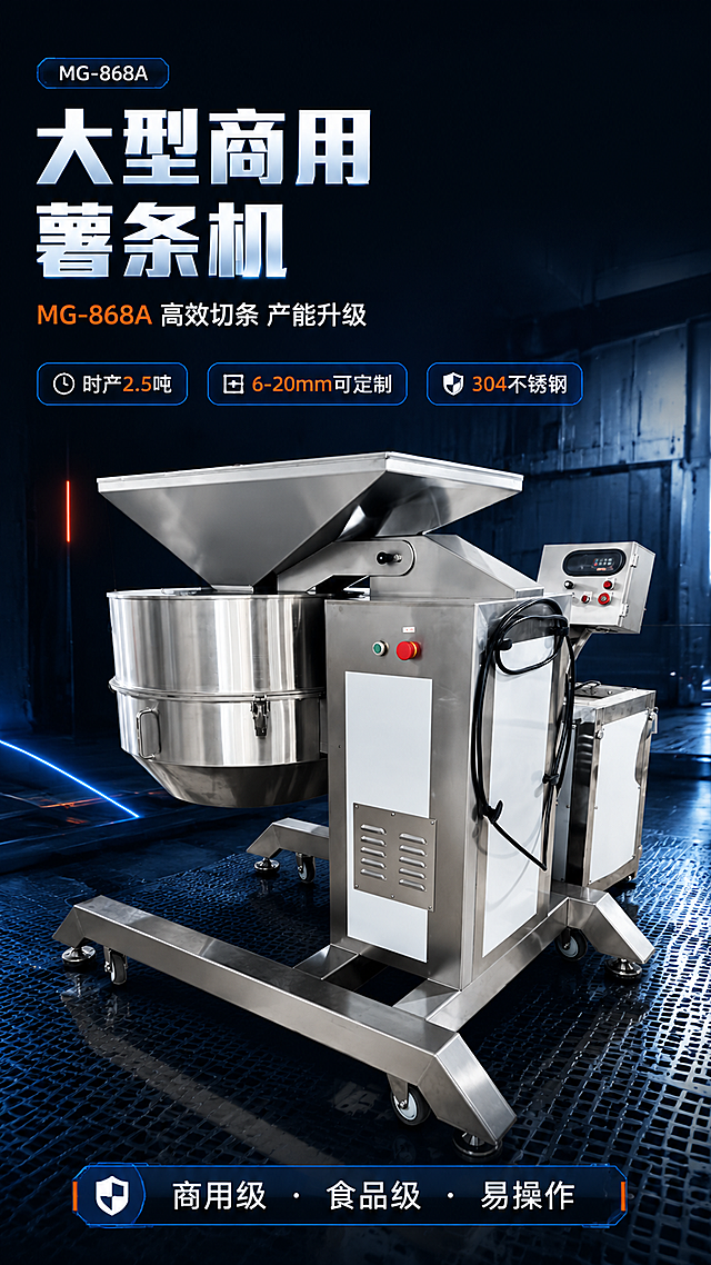 [第1屏] 详情页头图-MG-868A大型薯条机主视觉海报。本屏使用【图1】作为商品主体。
[氛围/风格] 工业科技风，深色背景，商用设备专业感，金属质感强烈，商业摄影级画质。
[元素布局] 薯条机置于画面中央偏右，占比约65%，45°斜侧视角展示全貌；左侧留大面积标题区；背景为深蓝色工业风场景，带有微弱的金属网格地面和冷色环境光；设备周围有细微的科技光效线条点缀；保持产品不锈钢机身、进料斗、控制面板、移动脚轮等结构与输入图完全一致。
[光影质感] 左上方主冷光照明，右侧辅光勾勒金属轮廓，底部有柔和环境反光，突出不锈钢材质的高光与质感，阴影自然。
[配色色系] 全局底色 #0A1628 深蓝黑；主色银灰金属色；辅助色科技蓝 #1E88E5、橙色点缀 #FF6B35。
[视角构图] 微仰视45°斜侧视角，产品为视觉中心，阅读动线左上标题→中部产品→底部信息条。
[文字版式] 左上大标题区，主标题「大型商用薯条机」，副标题「MG-868A 高效切条 产能升级」，黑体粗体左对齐；标题下方3个卖点胶囊：「时产2.5吨」「6-20mm可定制」「304不锈钢」；底部信息条标注「商用级 · 食品级 · 易操作」；文字不遮挡设备主体。
[比例分辨率] 9:16竖版比例，4K分辨率，文字清晰可辨，高清画质。
[负向提示词] 设备变形，结构错误，缺件错件，颜色偏差，水印，文字错乱，文字过小，产品图模糊，背景杂乱。