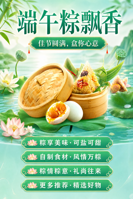 删除移除图片右下角的蓝色河马IP形象，保持原有的端午粽子咸鸭蛋背景、荷叶荷花场景以及文字内容不变，保持整体风格一致预览效果