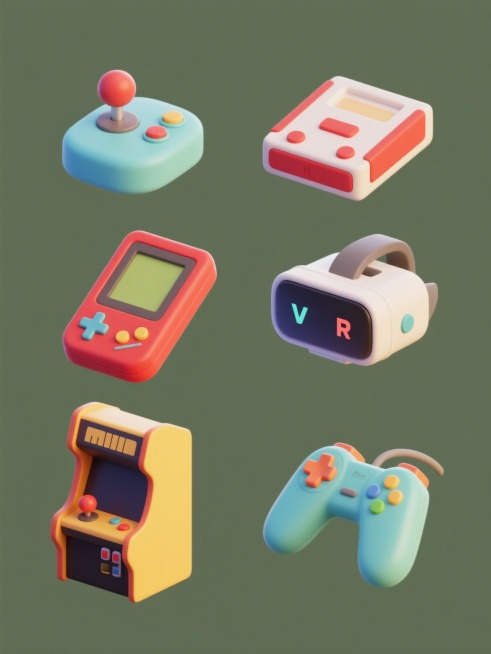 6个完全不同的游戏机元素集合，保持统一的3D立体风格，柔和圆润的造型，光滑细腻的塑料质感，明亮鲜艳的色彩搭配，每个游戏机都有独特的设计和颜色组合，包括街机摇杆、掌上游戏机、复古红白机、VR游戏机、迷你街机和分体式手柄，它们被整齐地排列在纯色背景上，形成一个协调统一的系列素材集合，具有清晰的视觉层次和信息传达效率，适合作为游戏主题的宣传海报或素材包使用。预览效果