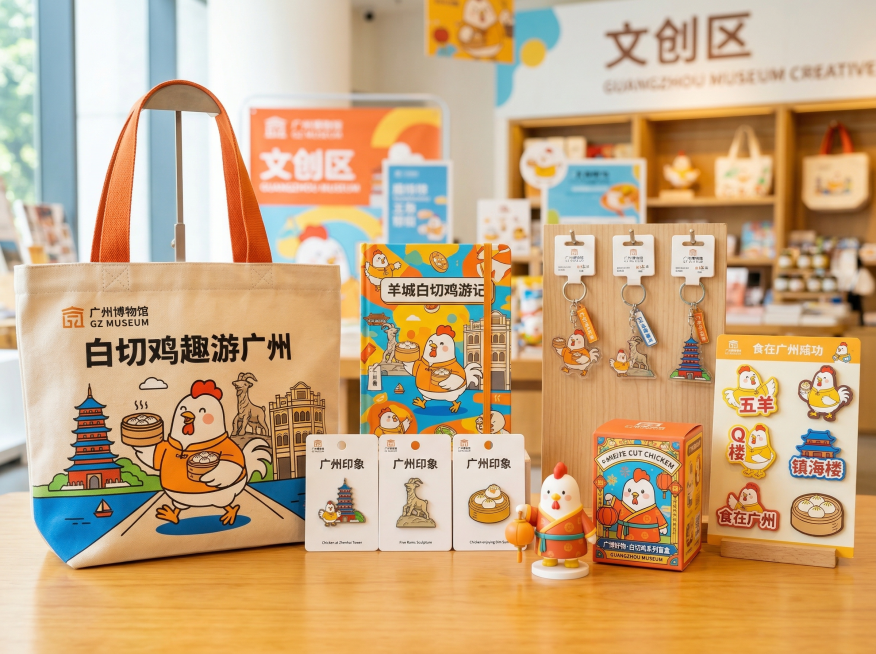 广州博物馆文创系列设计，融合广州地域特色与广东白切鸡元素，包含钥匙扣、冰箱贴、帆布袋、笔记本、徽章、盲盒手办等多款文创产品，Q版白切鸡IP形象搭配镇海楼、五羊雕像、骑楼、早茶点心等广州标志性文化符号，预览效果