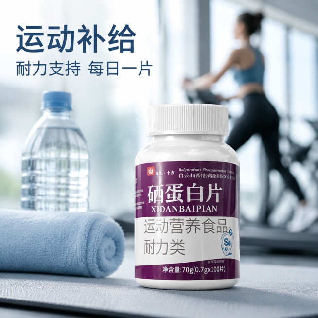 [主图-4] 运动场景展示，突出耐力类营养补给属性。
[氛围风格] 健康运动生活方式，活力专业；
[画质] 商业摄影质感，光线自然通透，产品清晰真实，画面干净高级，超高清输出。
[元素] 硒蛋白片产品预览效果