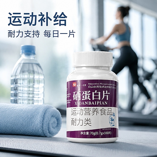 [主图-4] 运动场景展示，突出耐力类营养补给属性。
[氛围风格] 健康运动生活方式，活力专业；
[画质] 商业摄影质感，光线自然通透，产品清晰真实，画面干净高级，超高清输出。
[元素] 硒蛋白片产品放置在健身房瑜伽垫旁，背景为虚化运动场景，搭配一瓶矿泉水，产品主体清晰保持原图外观颜色结构不变，无变形色差。背景虚化不抢主体，自然融入运动氛围。
[光影] 自然室内运动采光，柔和通透，产品清晰突出。
[配色] 主色调浅灰+运动浅蓝，活力清新，产品紫白色自然突出。
[视角构图] 平视45度，产品在前景清晰，背景虚化，景深效果自然。
[文字版式] 左上角大字 "运动补给"，下方小字 "耐力支持 每日一片"，文字不遮挡产品，清晰可读。
[输出要求] 1:1 比例，文字清晰可辨，超高清商业摄影质感。严禁添加功效承诺、虚假宣传，不涉及身材管理词汇。
[负向提示词] 变形，文字错乱，产品模糊，背景杂乱，水印，电商平台Logo，夸大宣传文案，功效承诺，身材管理词汇，低俗文案