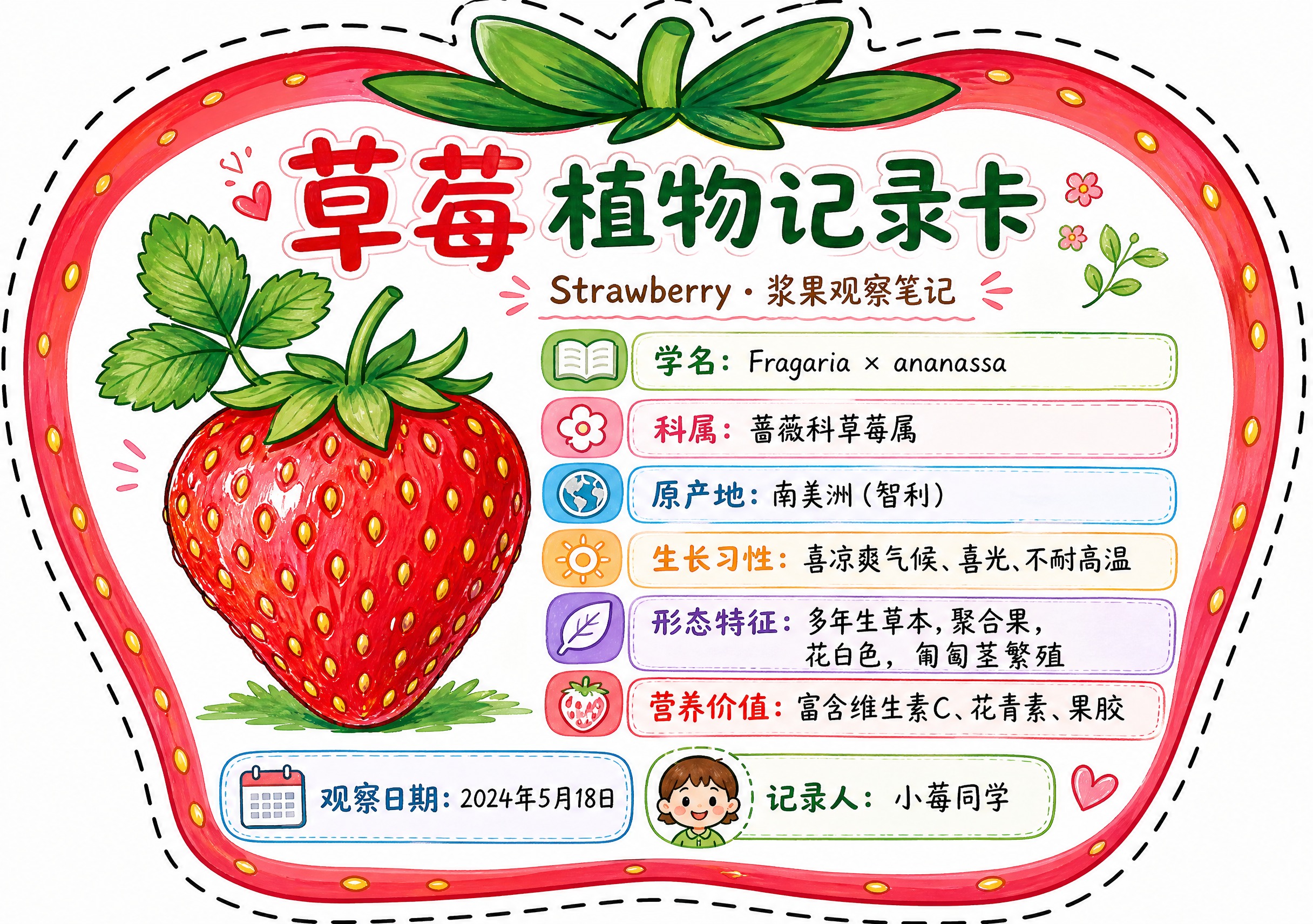 一张草莓异形植物记录卡，整体为草莓轮廓造型，沿草莓外轮廓有一圈… - 图片创意预览