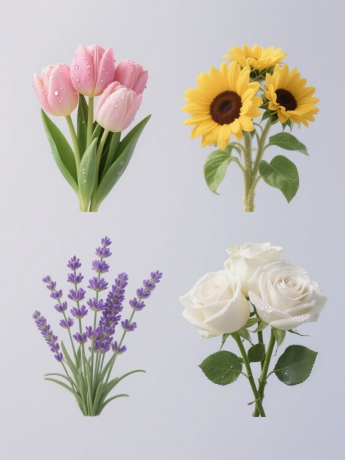 四个规整排布的素材，每个素材为不同的鲜花花簇，整体造型简约现代，纯色背景，无任何文字，无logo，无水印。第一张是粉色郁金香花簇，花瓣饱满，带有水珠，绿色花茎和叶子；第二张是黄色向日葵花簇，花盘饱满，花瓣呈放射状，绿色花茎和叶子；第三张是紫色薰衣草花簇，细长的紫色花瓣，绿色花茎和叶子；第四张是白色玫瑰花朵，花瓣层层叠叠，带有水珠，绿色花茎和叶子。所有花簇都具有高度的写实感，色彩鲜艳，光影效果自……预览效果