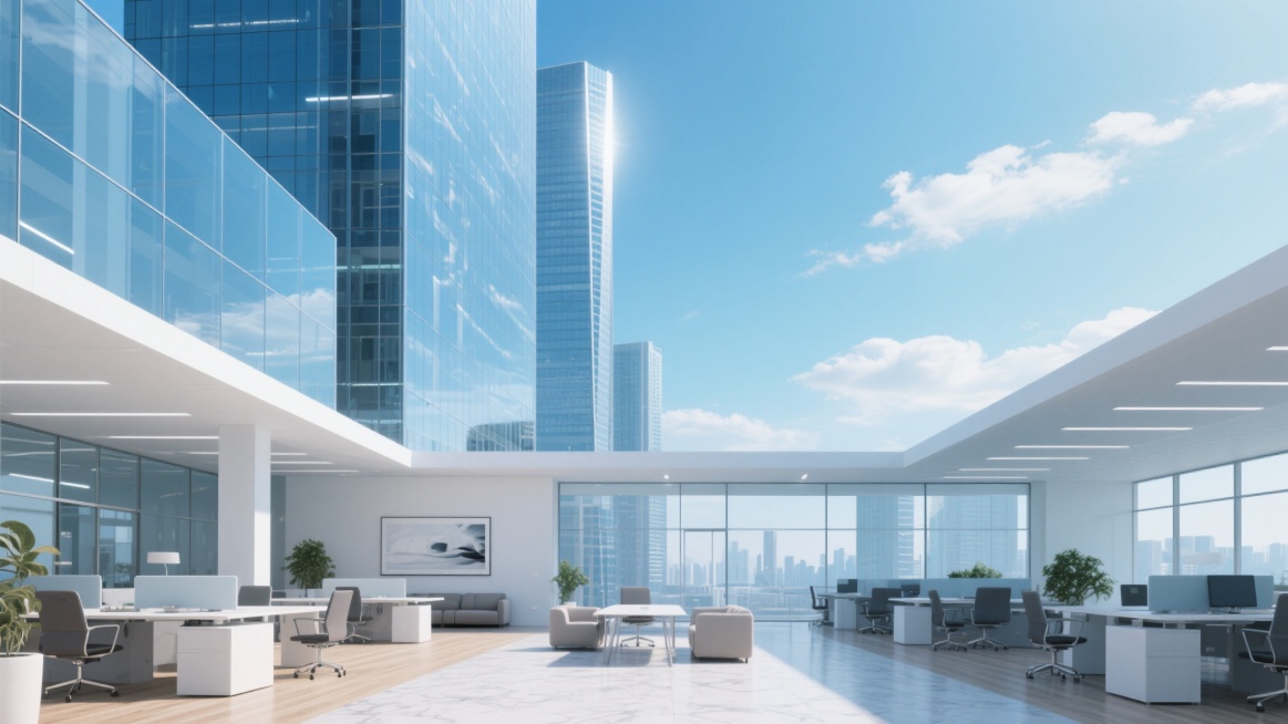 现代化办公空间背景，采用高清3D渲染技术，呈现出与原图一致的超写实风格，以通透的蓝色系为主色调，搭配白色和浅灰色作为中性色，营造明亮、专业、科技感的氛围。场景中包含玻璃幕墙的高层写字楼外观，建筑线条流畅锐利，表面有细腻的金属质感和反光效果，如同原图中高耸的摩天大楼。光线从侧上方照射，形成清晰的光影对比，天空呈现渐变的蔚蓝色，点缀着少量白色云朵，增强空间的开阔感。办公区域可设置开放式工位、简约的……预览效果