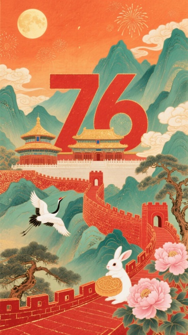 铜版插画风格，红橙金暖色调营造喜庆氛围，竖版层次构图。艺术化红色数字“76”融合天坛建筑，下方蜿蜒红色长城，抱月饼的白兔，飞翔的仙鹤，盛开的粉色牡丹与苍劲松树。背景为暖橙色天空点缀祥云和烟花，层叠青绿预览效果