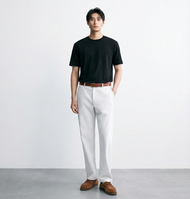 服装贴合：将白底图穿到模特身上。衣服完全贴合模特身形，无违和感，保留白底图衣服原有版型 
场景：灰色地面与白色背景，光线自然，背景简洁
画质要求：写实，8k，高细节，对焦清晰，光线自然，无变形预览效果