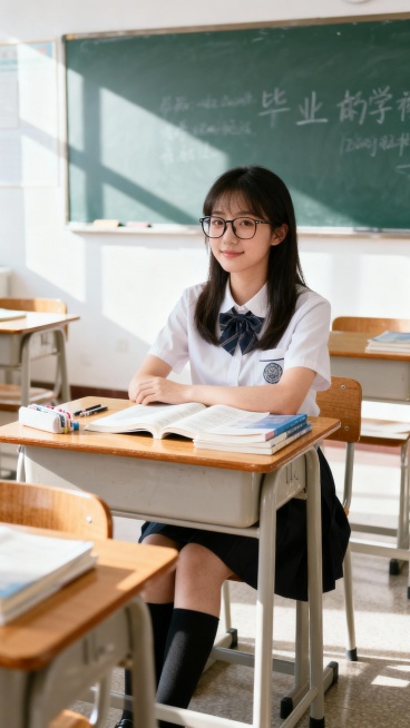 背景是教室白天，女学生，戴眼镜穿校服预览效果