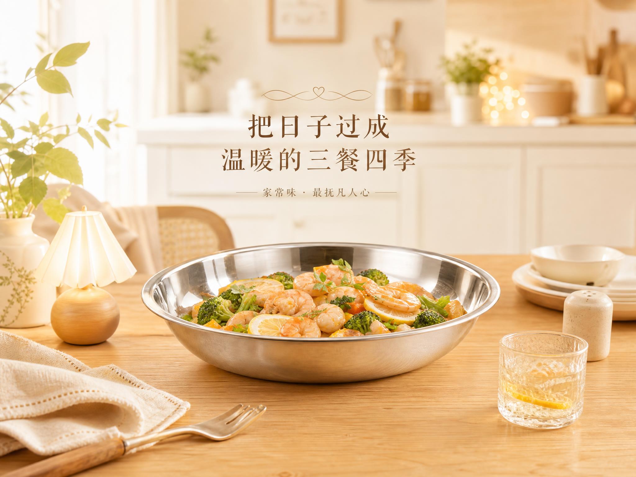 以图中的不锈钢圆盘为主体，设计一款浅色调温馨场景式海报。画面中… - 图片创意预览
