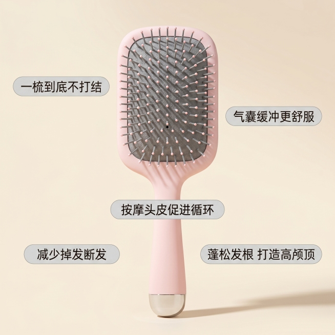[主图 2] 核心卖点展示，突出气垫梳按摩头皮功能
[氛围风格] 温柔奶油ins风，干净明亮的治愈氛围感
[画质] 商业摄影质感，光线柔和通透，产品清晰真实，画面干净高级
[元素] 保持气垫梳产品外观预览效果
