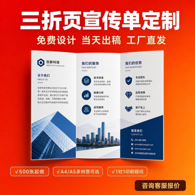请使用电商主图套图技能背景:红色/橙色渐变主标题:三折页宣传单定制
底部标签:√500张起做√A4/A5/多材质可选√1对1印刷顾问右下角:[咨询客服报价】]
副标题:免费设计·当天出稿·工厂直发预览效果
