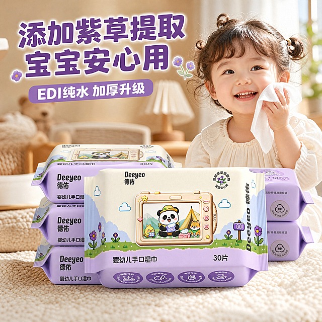 电商主图，1:1正方形，德佑婴幼儿手口湿巾产品（包装为米白色+淡紫色，正面有像素风熊猫相机图案、'德佑Deeyeo'品牌名、'婴幼儿手口湿巾'字样、30片标识），前景堆叠摆放多包湿巾产品，产品占据画面主要位置，包装细节清晰准确。背景是温馨的室内居家场景，柔和自然光。画面右侧有一个可爱的小女孩（约2岁，卷发扎小辫子，与参考图中儿童形象完全不同），正拿着湿巾擦脸，表情愉悦。左上角大字标题'添加紫草提取 宝宝安心用'，下方小字'EDI纯水 加厚升级'，字体醒目有设计感，整体色调温暖柔和，母婴温馨风格，画质高清2K，产品突出。