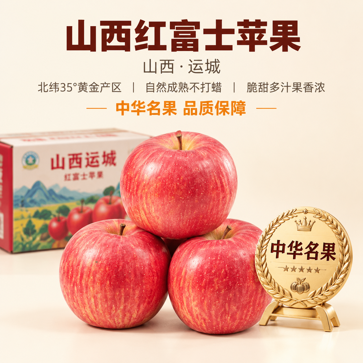 [主图-8] 山西运城红富士苹果品质保障展示，突出荣誉认证与品… - 图片创意预览