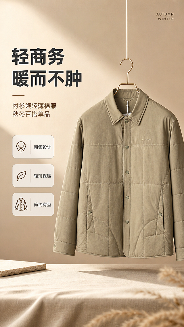 [商品] 使用【图1】卡其色衬衫领轻薄棉服夹克；商品处理：保留翻领、单排扣门襟、两侧插袋、长袖袖口、立体绗缝分割、胸口小Logo、卡其色颜色和整体版型；自然去除衣身杂乱褶皱与压痕，理顺垂坠，增强面料纹理、缝线、纽扣和五金质感，不改变版型和结构。
[画面] 目标：风格头图海报，突出产品全貌与轻商务调性。构图：左文右图竖版布局，产品位于画面右侧视觉中心，占画面约55%，挂于简约金属衣架或自然垂挂展示；左侧留白放标题文案。前中后景：前景浅米色台面或布料承托，中景产品主体，后景暖调浅咖色渐变背景+柔和光影。整体有高级商业摄影画报感。
[视觉] 套系策略：风格=都市轻商务高级商业摄影；标题字=现代无衬线粗体；正文字=简洁无衬线体；主色=卡其棕；背景延展=基于卡其棕做深浅层级、同色渐变和细腻纸张/织物质感；强调色=深棕褐，仅用于小面积图标、引线和标签；标题色=深炭灰；正文色=中暖灰；组件=圆角浅底信息卡、细线引线、极简图标；光影=左前侧暖柔光，柔和自然阴影。
[文字] 主标题「轻商务 暖而不肿」，副标题「衬衫领轻薄棉服 秋冬百搭单品」，配3个短卖点：翻领设计 / 轻薄保暖 / 简约有型；文字位于左侧上半区，横向排版，层级清晰，不遮挡产品主体。右上角可加小号英文装饰「AUTUMN WINTER」。
[规格] 图片比例9:16竖版，4K分辨率，负向提示：避免变形、错字、文字过小、颜色改变、版型失真、冷蓝背景、白底孤立、褶皱杂乱。