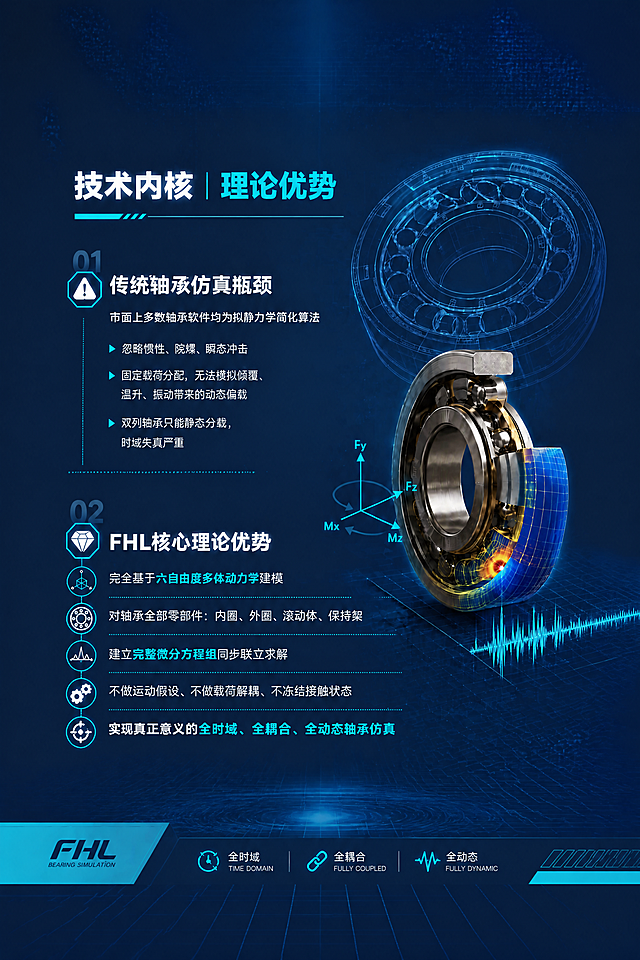 将这张轴承仿真软件科技海报调整为A4竖版尺寸，保持原图所有内容和文字不变，画面居中，上下两侧用与原图一致的深蓝色科技感背景填充延伸，背景带有淡淡的网格线和光晕效果，整体风格统一协调，原图内容完整保留不裁剪