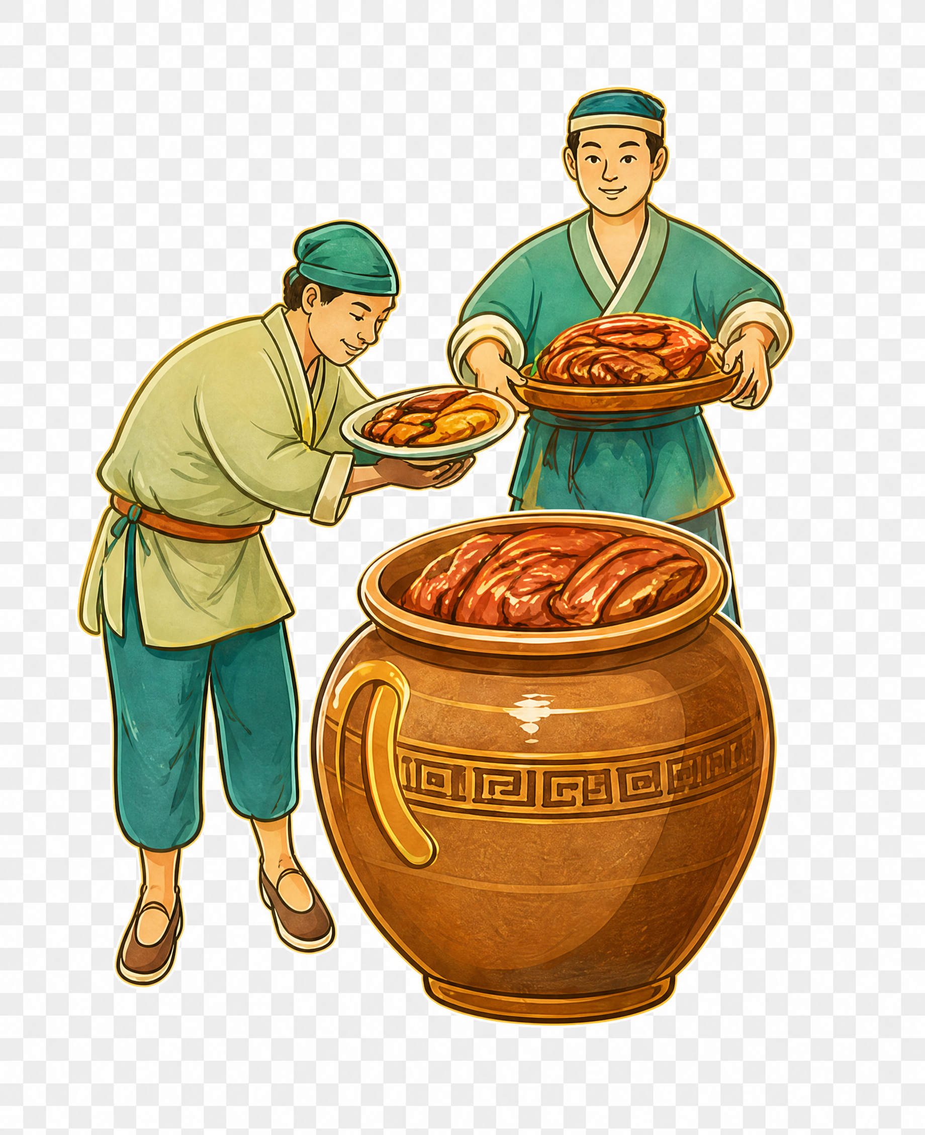 从参考图中提取下方两个古代人物，一个端着盘子弯腰，一个站着端着… - 图片创意预览
