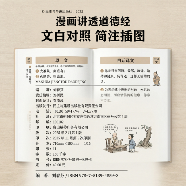 拼多多商品主图，展示漫画讲透道德经的书籍内页，呈现漫画讲解内容，突出“文白对照 简注插图”的特点，风格简洁，背景干净，适配拼多多平台，比例1:1预览效果