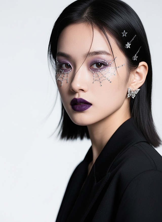 美妆博主的万圣节妆容，带有：紫灰色系眼影、眼周点缀大量银色水钻，形成蛛网图案、深紫色晕染口红；银色星星发夹、蝴蝶耳环