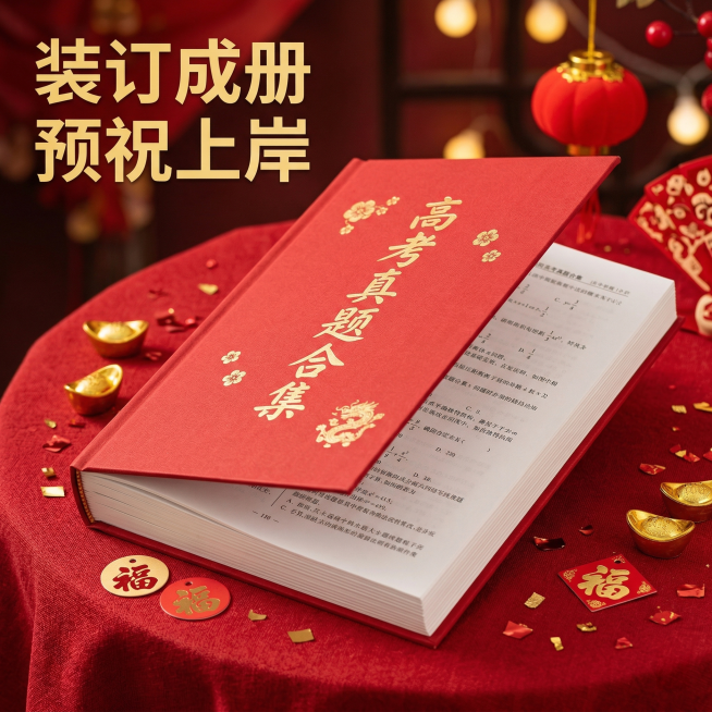 [主图8：打印效果展示] 主图主题：打印效果喜庆展示；氛围风格：喜庆升学风，红火真实；画面元素：将打印好的高考试卷装订成册，红色喜庆封面写着"高考真题合集"，摆放在红色桌布上，页面整齐文字清晰，点缀金预览效果