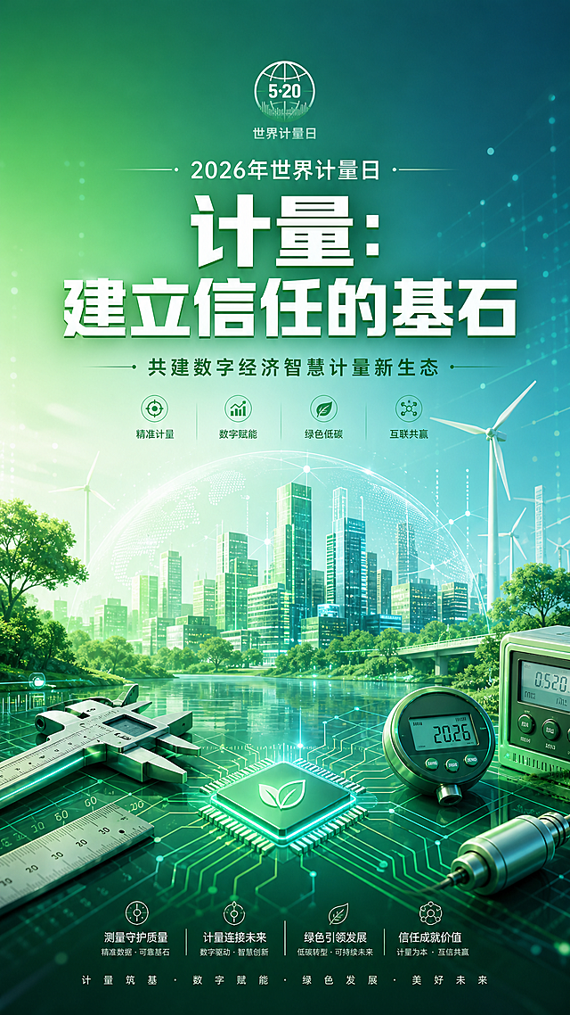 2026年世界计量日渐变风格宣传海报，主题色是节能环保绿色，包含卡尺、标尺、测量仪表等计量相关元素，主标题文字为"计量：建立信任的基石"，副标题文字为"共建数字经济智慧计量新生态"