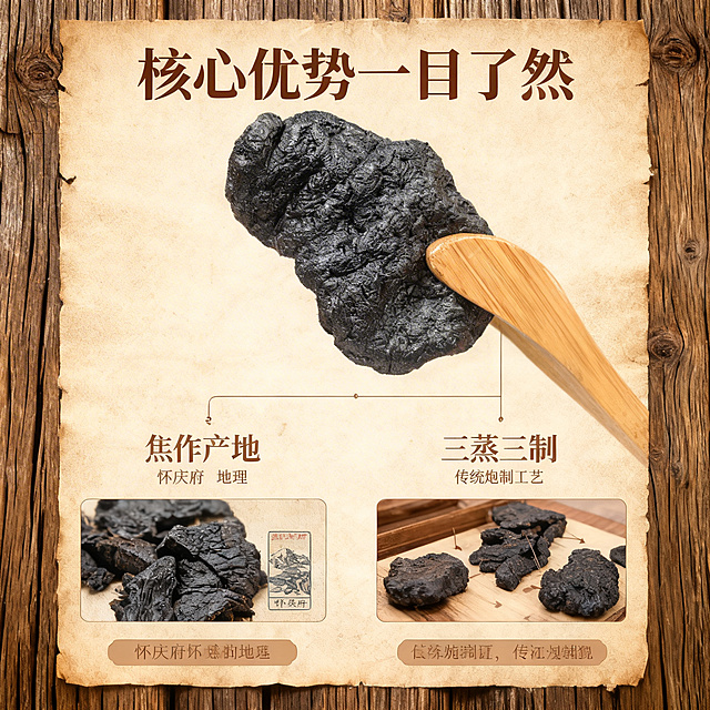 焦作熟地黄淘宝主图，核心卖点展示。以实拍熟地黄产品为中心，保持产品外观与第二张实拍图一致，使用极细的古典引线连接两大卖点：1.焦作原产地，搭配怀庆府地理标识小图；2.三蒸三制，搭配传统炮制工艺步骤小图。保持复古药食同源风格，暖棕色调，老榆木宣纸背景，光影统一。每张细节小图下方配有浅棕底框说明文字。主标题 "核心优势一目了然"，字体为复古宋体。背景铺满无边框，符合淘宝主图规范。